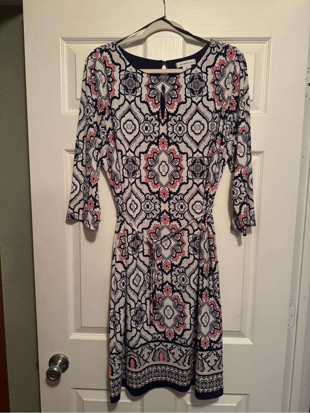 Liz Claiborne Sz XL Navy, White & Coral Printed 3/4 Sleeve Fit-and-Flare Dress